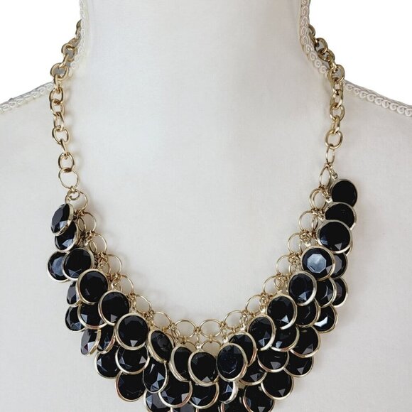Faceted Black Acrylic Discs Statement Necklace Faux Glass Gold Tone 20" VGC - Picture 2 of 10